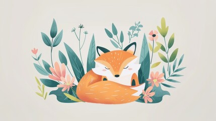 Naklejka premium Sleeping fox in a serene forest setting, ideal for children's books and peaceful nature themes.