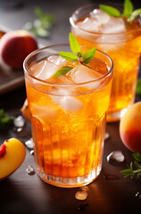 Fototapeta premium Close-up of two glasses of refreshing peach iced tea with fresh mint and ice cubes on a dark background.