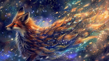 Naklejka premium Cosmic fox illustration merging wildlife with a stellar explosion, ideal for imaginative and abstract themes.