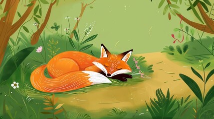 Naklejka premium Peaceful fox lying in a lush forest setting, perfect for nature and tranquility themes.