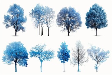 A collection of watercolor paintings of trees in various shades of blue