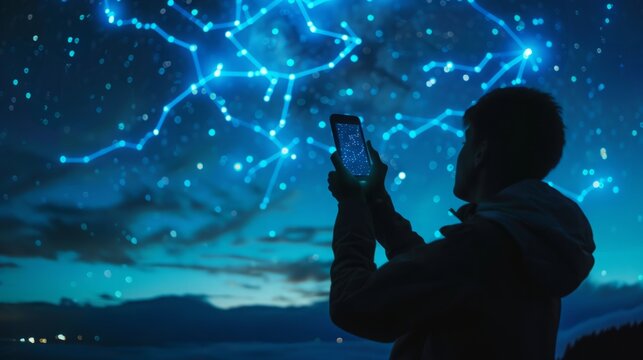 A man standing outside at night is using his phone to take a picture of a constellation in the sky.