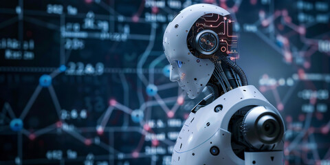 3d rendering humanoid robot working with circuit board on background, artificial intelligence concept