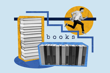 Composite photo collage of serious man run bookshop discount sale bookworm hobby library education student isolated on painted background