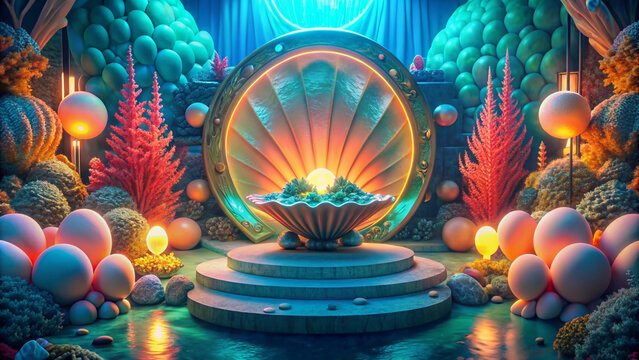 The props set up an underwater scene with pearl shells as a beautiful background.