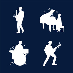 Vector music band silhouettes. Music set. World music day. Guitar, piano, drums, saxophone