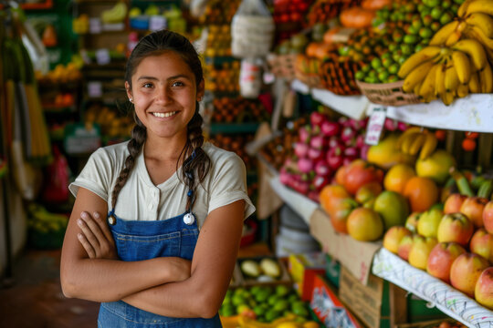Young Latin woman shopkeeper with a cheerful smile in a fruit store