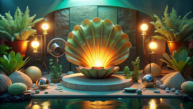 The props set up an underwater scene with pearl shells as a beautiful background.