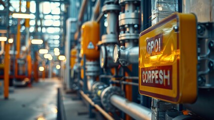Fototapeta premium Detailed view of safety signs, emergency equipment, and training session for workers at a chemical plant,