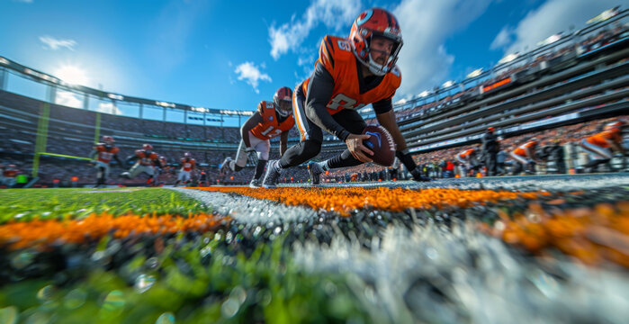 A player from the Cleveland Bengals football team runs energetically across the field during a game.