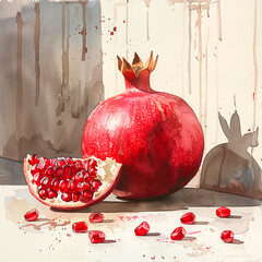 Watercolor illustration of a pomegranate fruit. Juicy pomegranates on a watercolor background.