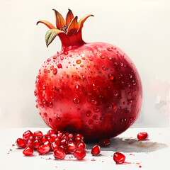 Watercolor illustration of a pomegranate fruit. Juicy pomegranates on a watercolor background.