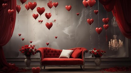 Romantic insides with hearts shaped like a baloon wallpaper and red sofe on the middle; wedding or other love celebrating background