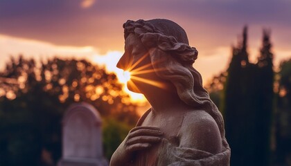 close up of an old stone statue in the cemetery at sunset - Powered by Adobe