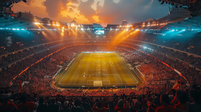 A soccer stadium illuminated by dusk lighting, showcasing the architecture and setting for sports events and gatherings