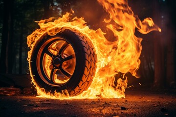 Dramatic image of a car tire engulfed in flames in a moody forest setting