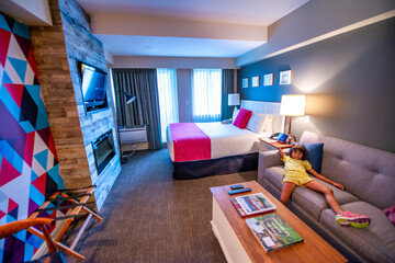 Whistler, Canada - August 11, 2017: Hotel interior with modern and wooden furniture