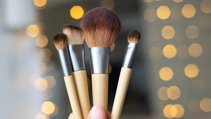 Wooden organic makeup brushes on white backdrop. Eco-friendly