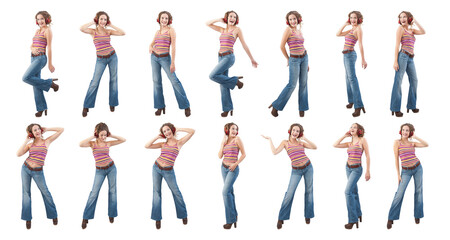 Obraz premium Collage set of happy young woman who is listening to music through red headphones, dancing and singing, isolated on a white background