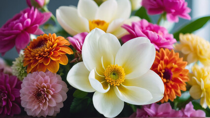 Yellow, pink, orange and white flowers bouquet. Dhalias and chrysanthemums. Close up, macro, revealing beauty in small details. Decoration, botanical concepts.