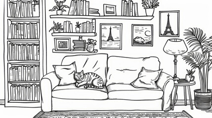 Black and White Illustrated Living Room Interior with Books, Plants, and Décor