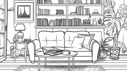 Black and White Illustrated Living Room Interior with Books, Plants, and Décor