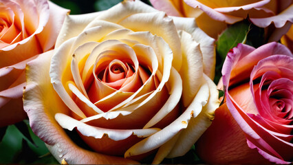 White, yellow and pink roses in detail, close up, macro, revealing beauty in small things - Powered by Adobe