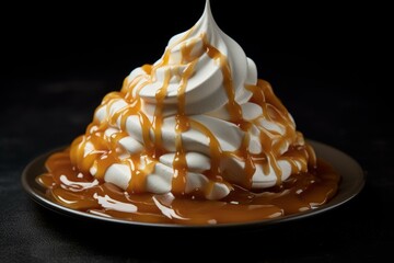 Close-up of a swirl of whipped cream drenched in gooey caramel sauce