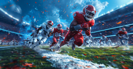 A group of football players in motion, sprinting across a grassy field during a match.