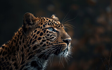 Obraz premium Close up face and head profile portrait photo of a leopard Panthera pardus endangered wildlife photography