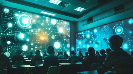 Students seated in rows facing a large screen in a classroom setting.