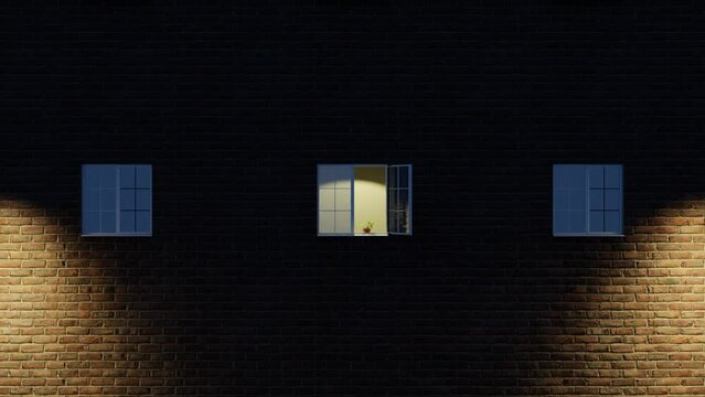 The light is on in one open window of a large multi-story residential building.