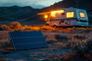 Portable solar panel stands in front of camper van with lights turned on for electricity supply, symbolizing sustainable travel