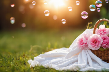 Fototapeta premium A basket with clean white laundry and soap bubbles on nature background with peony flowers. House cleaning concept with spring cleaning textiles. Concept of ecological cleaning.