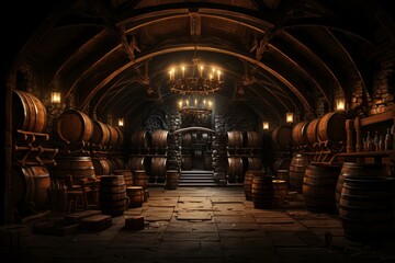 Fototapeta premium Vintage medieval wine cellar interior with atmospheric candlelit lighting. Ancient stone walls. Vaulted gothic ceiling. Eerie shadows. And spooky ambiance