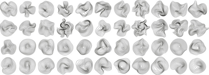 Big Set of abstract tree rings. Vector topographic map concept. Spheres of wavy dynamic lines. Thin black lines on transparent background. Vector EPS 10