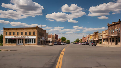 Small town main street under blue sky
