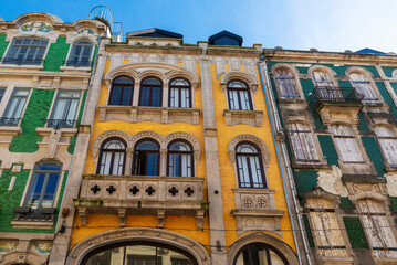 Facade of old classic buildings, Oporto, Portugal