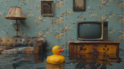 Living Room Flooded with Water Featuring a Floating Yellow Rubber Duck