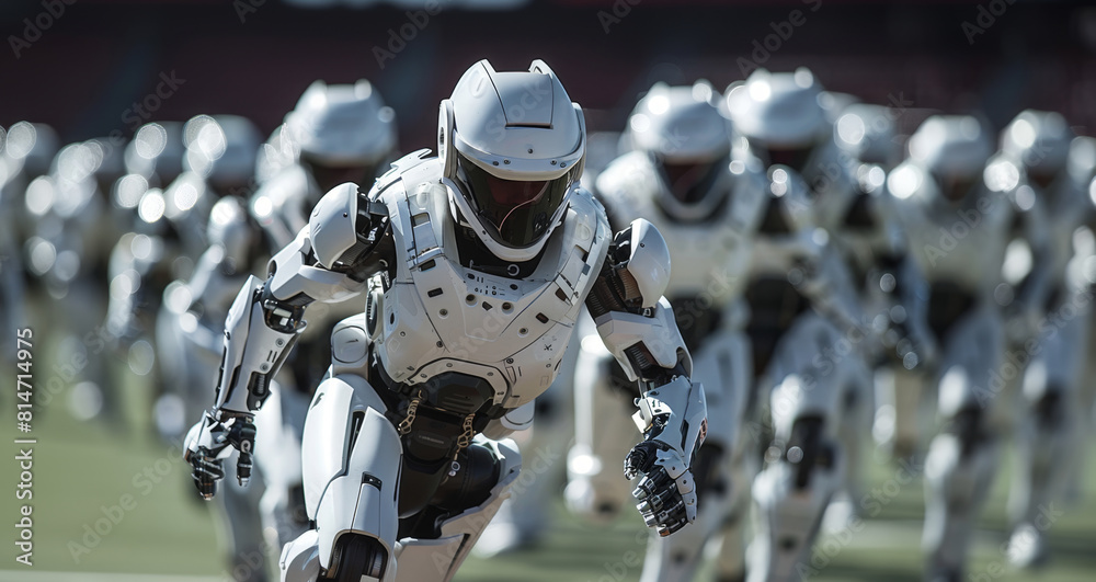 Fototapete Multiple white robots in motion on a grass field, demonstrating their ability to move swiftly.