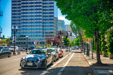 Portland, Oregon - August 18, 2017: City streets and buildings on a sunny summer day