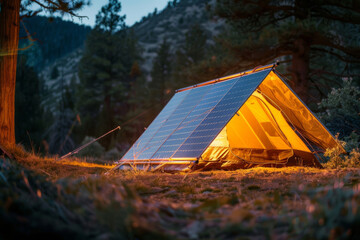 Portable solar panel mounted on tent roof  of glowing tent in the wilderness during twilight, exemplifying sustainable outdoor adventure