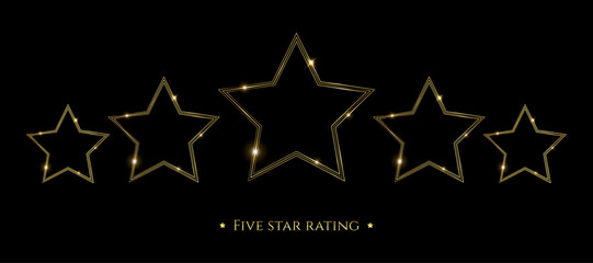 Five gold stars rating. Vector illustration frame star on black background. 5 stars quality icon service for restaurant, hotel, casino, award