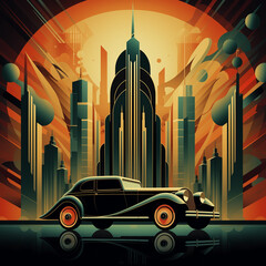 A vintage art deco poster of an old black car in front of the skyline, in the style of a vector illustration with bold lines and flat colors, a digital design with a symmetrical composition.