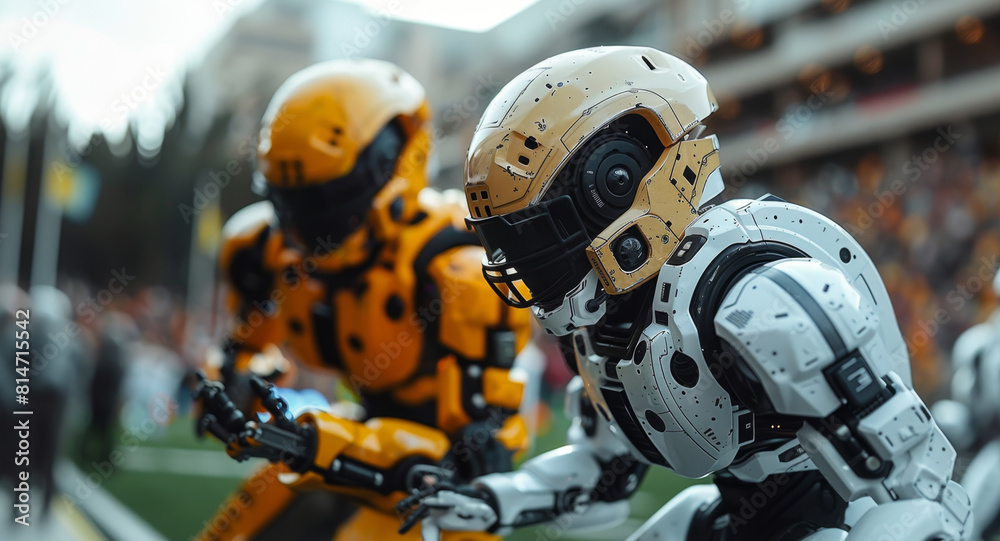 Aufkleber two robots are positioned on a football field, ready for action in a technological sporting event.