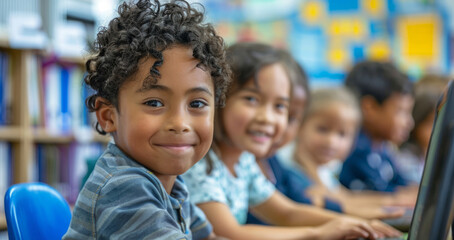 A group of children engaged in computer activities in a classroom setting.