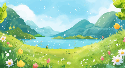 a painting of a lake surrounded by mountains and flowers