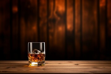 Elegant whiskey glass with ice on a wooden table, dark warm background
