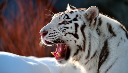 Un gros plan d'un tigre blanc qui rugit dans la neige