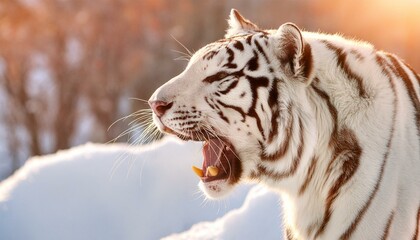 Un gros plan d'un tigre blanc qui rugit dans la neige